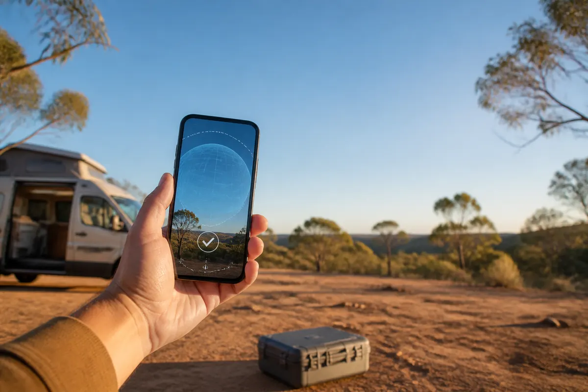 A traveller uses a phone sky scanner at an open Australian campsite