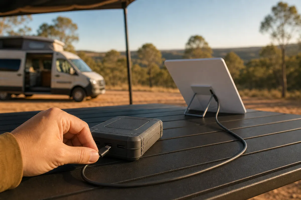 A USB-C power bank connected by cable to a Starlink Mini