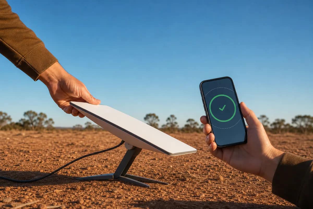 A traveller follows the phone alignment guide while adjusting a Starlink Mini