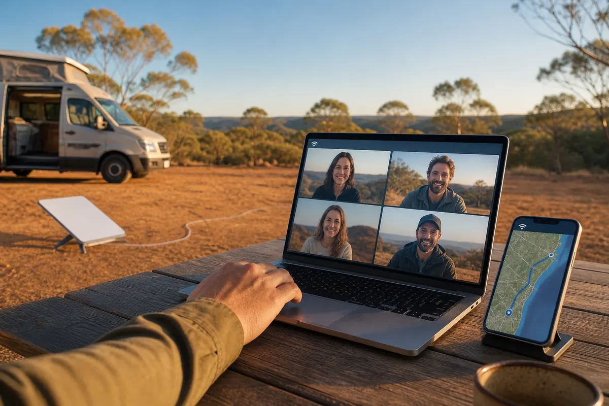 A laptop video call and phone map online at a campsite with a Starlink Mini nearby